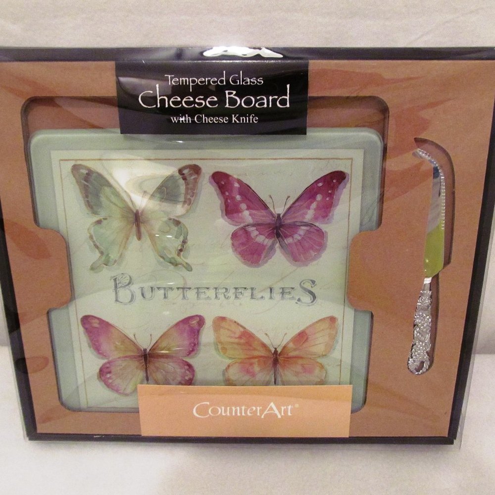 CounterArt Glass Cheese Board Rainbow Butterflies